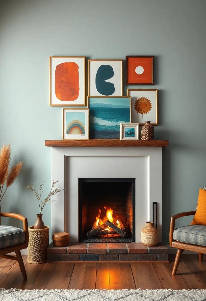 A rustic modern fireplace is set against a colorful gallery wall,​ where eclectic art​ pieces playfully interact with the warmth of the flames