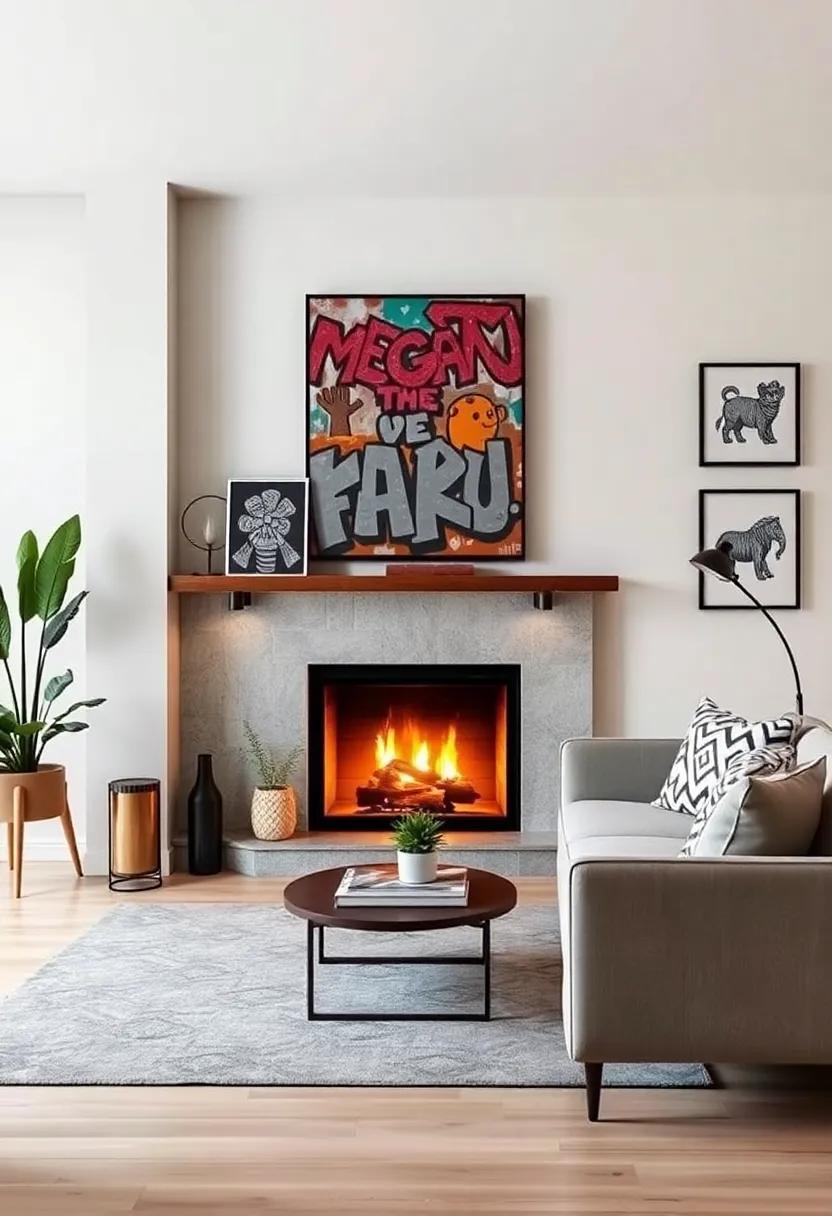 The glowing hearth here highlights a unique collection of street art, infusing the small living space with an edgy, contemporary vibe