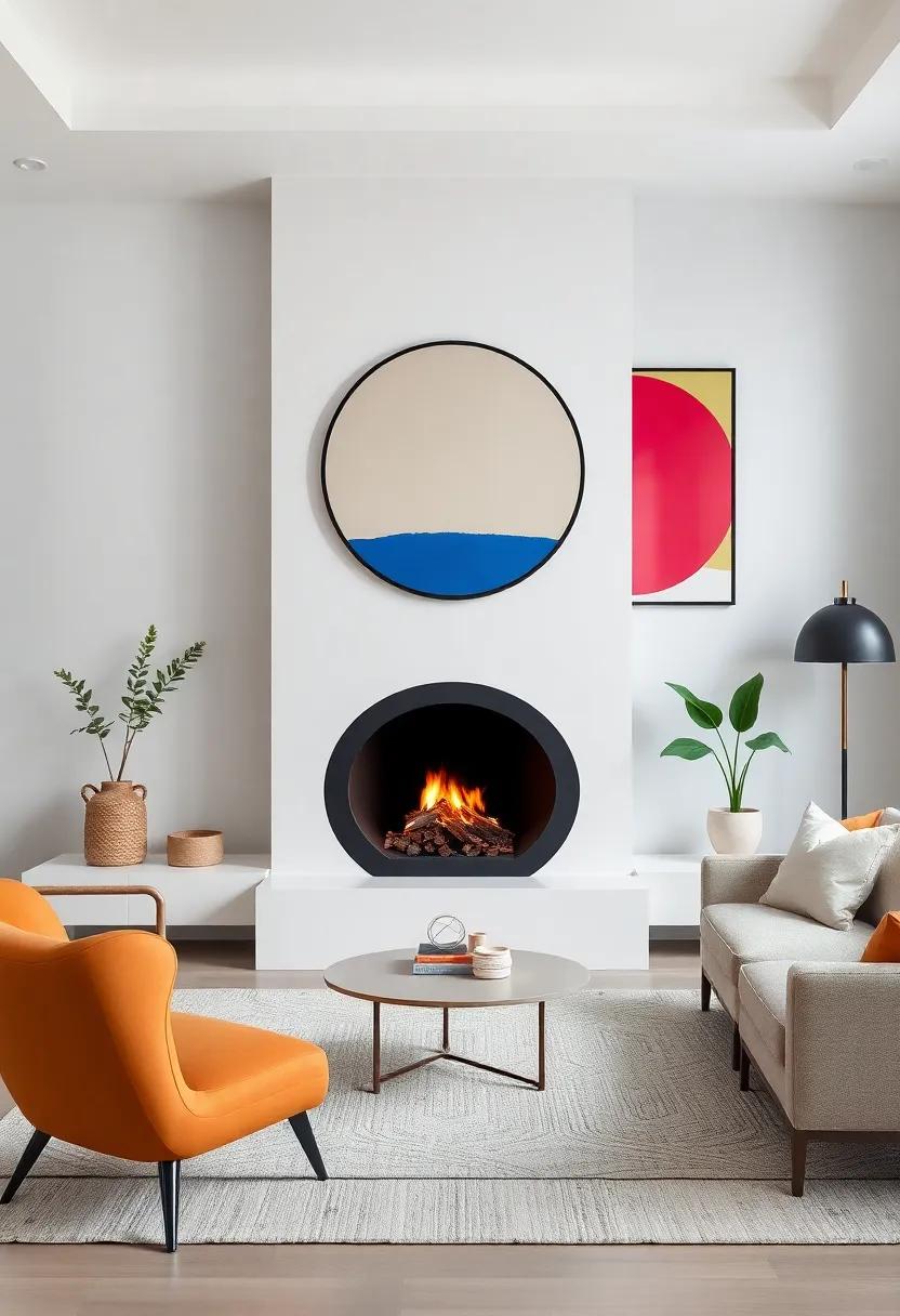 A circular fireplace becomes the​ centerpiece​ of this living room, surrounded by ⁤vibrant, geometric art that enlivens the‍ minimalist decor