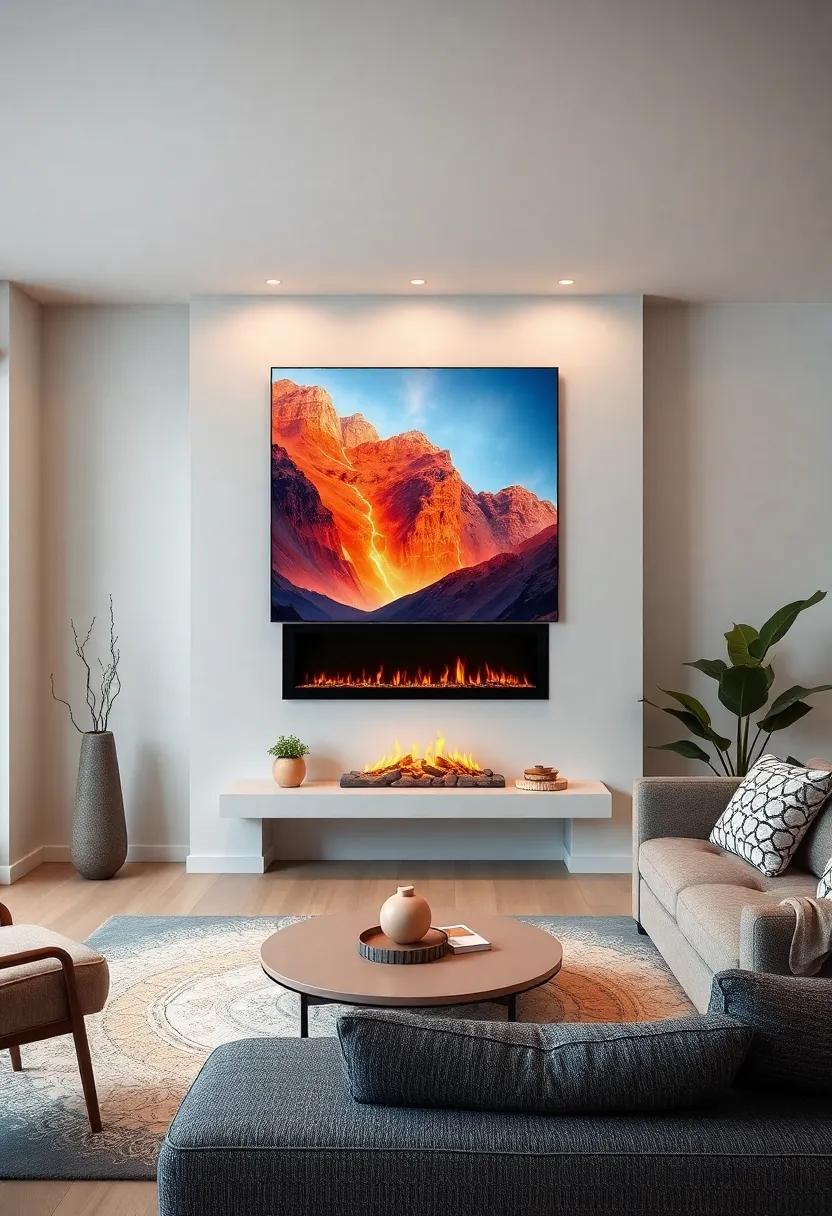 The synergy between‌ a sleek, static fireplace and dynamic digital art creates an innovative living area that feels both modern and inspirational
