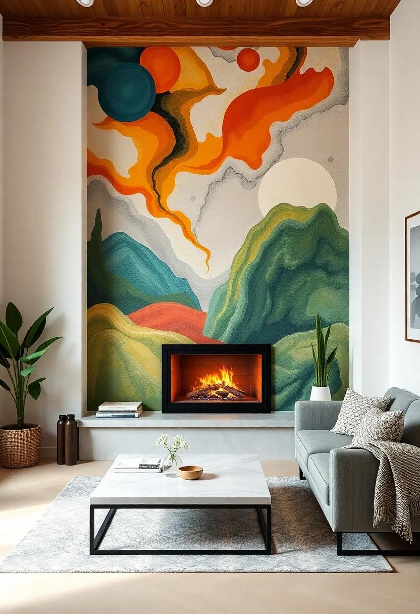 A charming, compact living room showcases a modern⁢ gas fireplace, perfectly situated beneath a dynamic mural that transforms the entire space