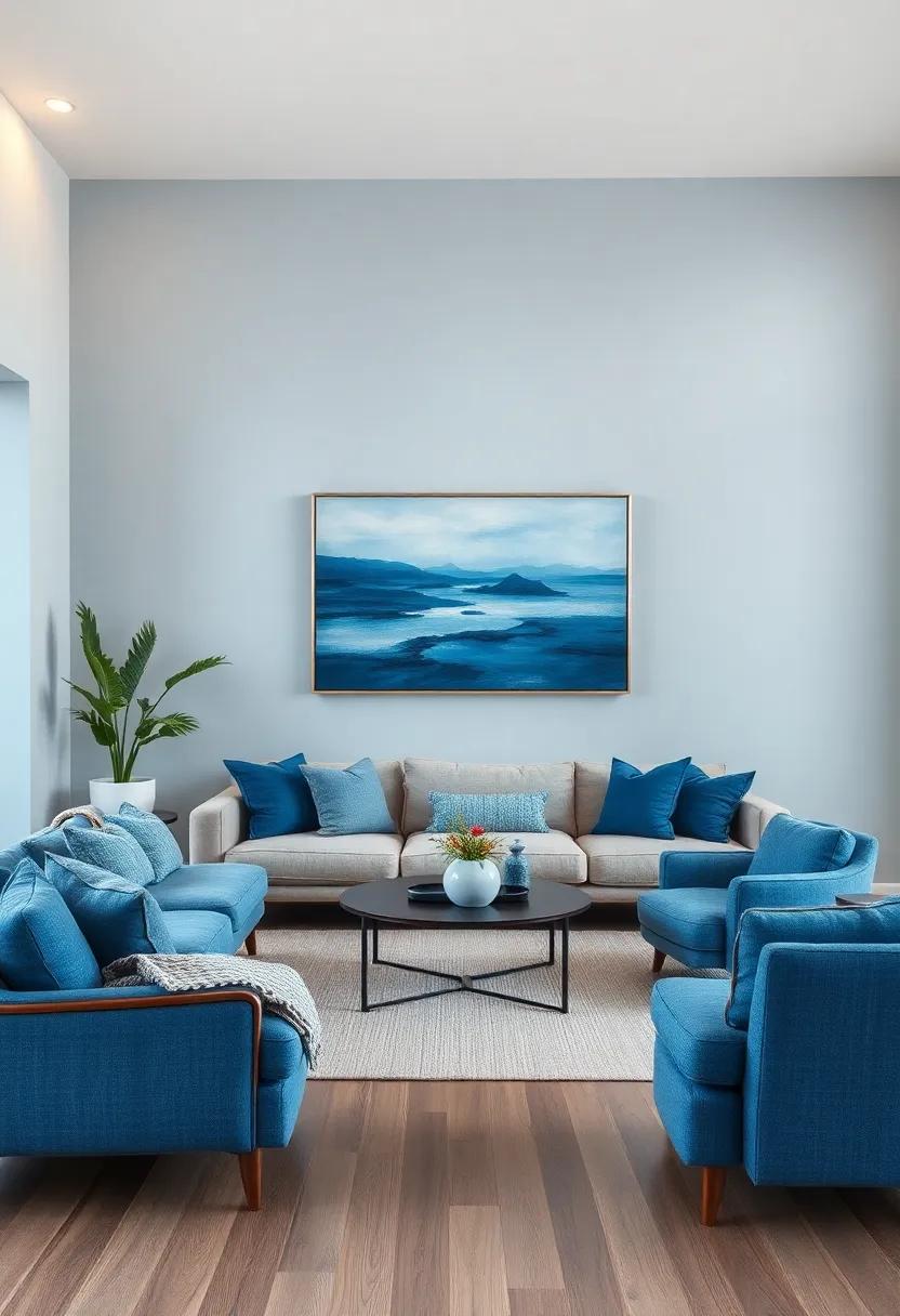 Earthy blue Art: select artwork‌ featuring serene blue landscapes or abstract designs, grounding the room while inspiring peace and creativity