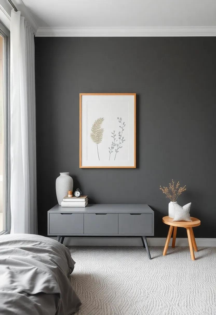 Feature a ⁢Statement Wall: Choose one wall to⁣ paint ⁤a deep charcoal grey‌ and adorn it with framed artwork or a personalized mural for ​a dramatic‍ yet⁢ serene⁢ focal point