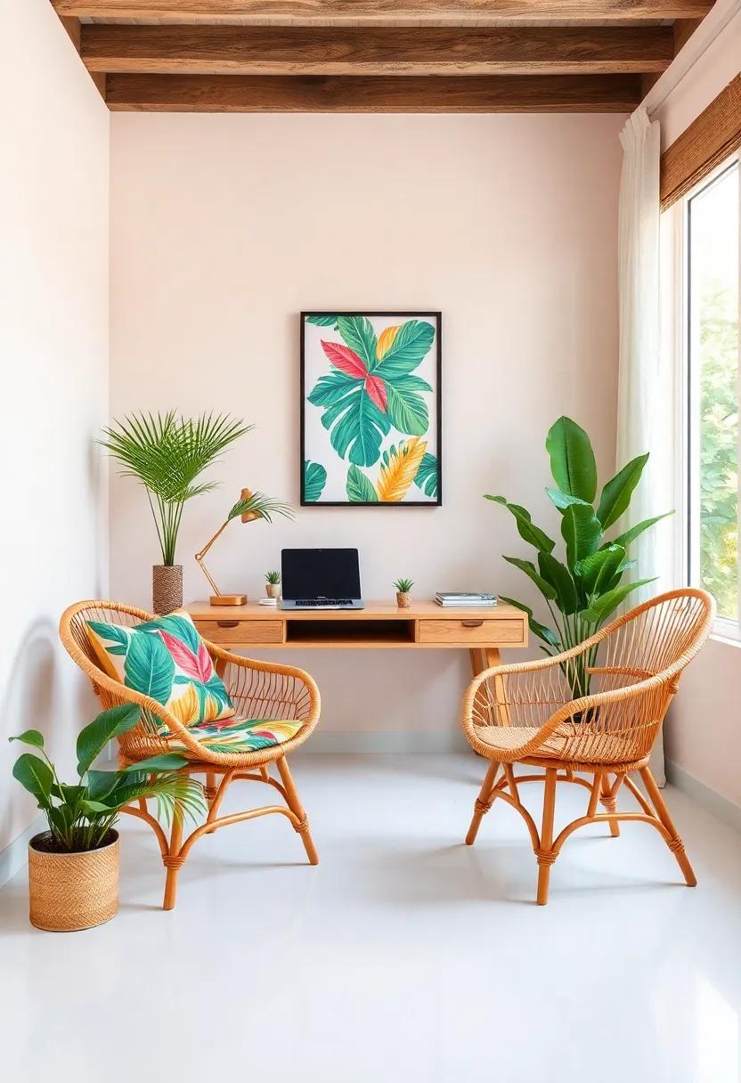 Brighten your workspace: Learn how vibrant tropical prints on rattan chairs can add a splash of color to your home ⁢office, uplifting your mood and productivity