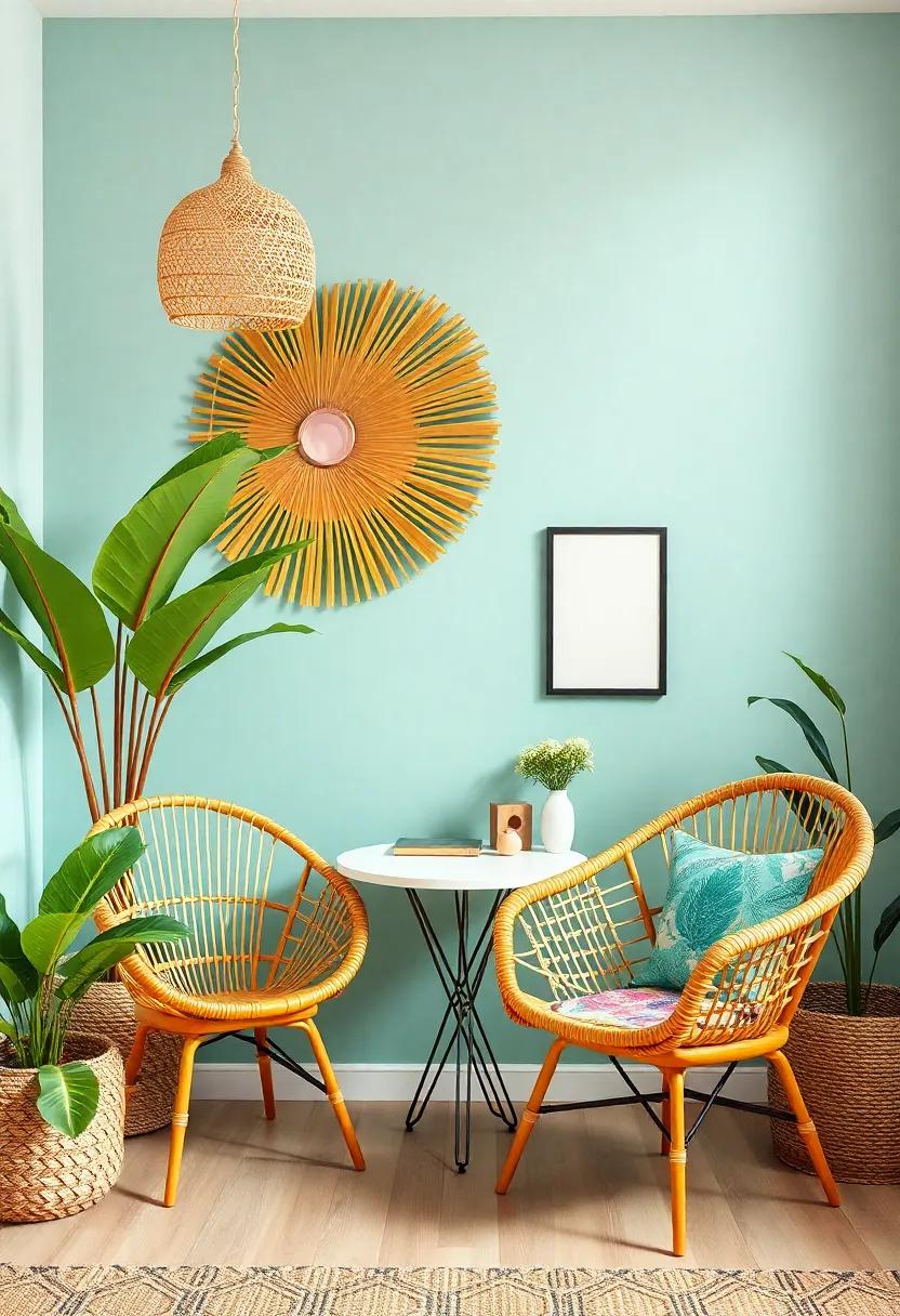 Bohemian influences: Discover how to incorporate boho-chic elements into your home office using colorful rattan chairs and eclectic decor
