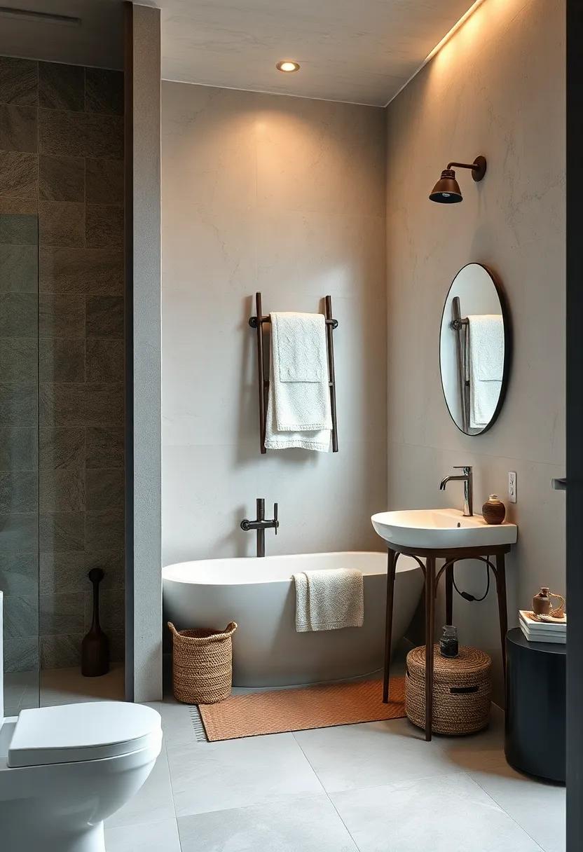 Embrace an antique ladder for towel storage,marrying functionality with a creative décor solution that adds vertical interest