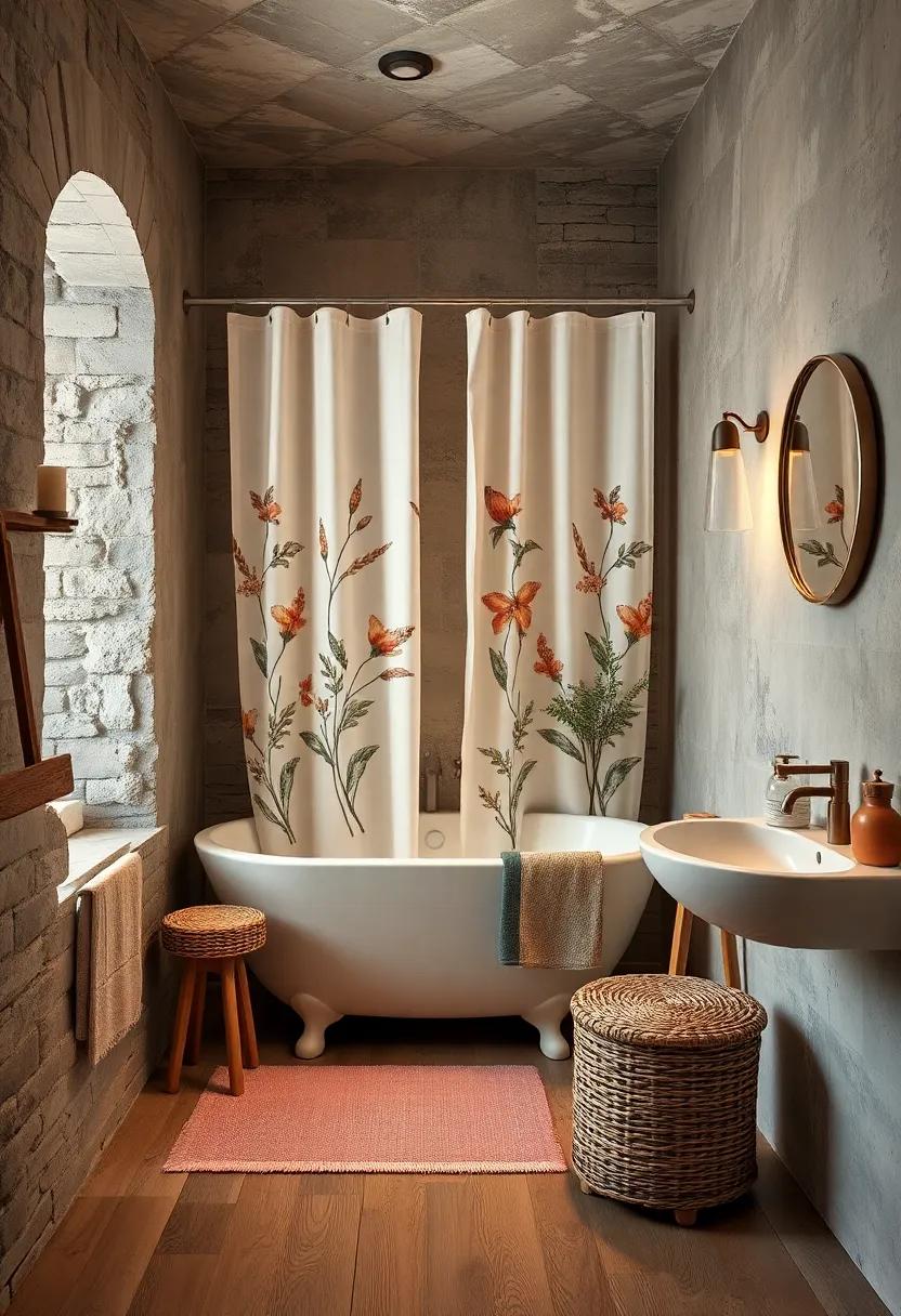 Incorporate a shower curtain made from natural fibers like cotton or hemp, adorned with botanical prints to enhance the vintage charm
