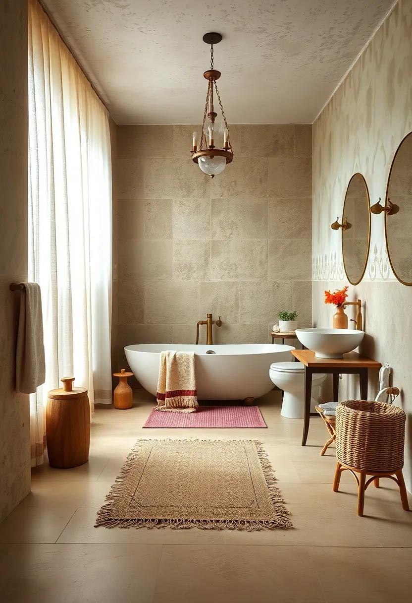 Introduce textiles like linen or cotton with vintage patterns for bath towels and curtains, bringing warmth and texture into the room