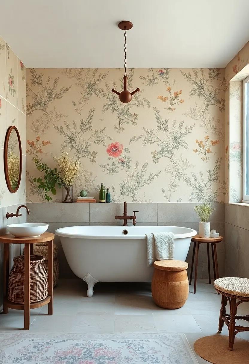 Select whimsical wallpaper featuring muted floral or botanical prints to envelop the space in a soft, vintage atmosphere