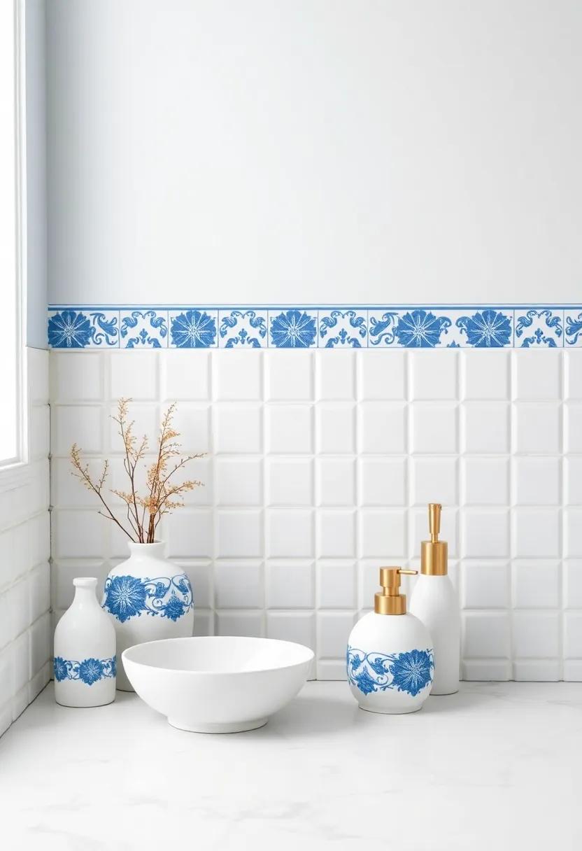 Blue and White Ceramic Accessories – Integrate ceramic vases, soap dishes, and brush holders that carry the timeless blue-and-white motif of classic coastal decor