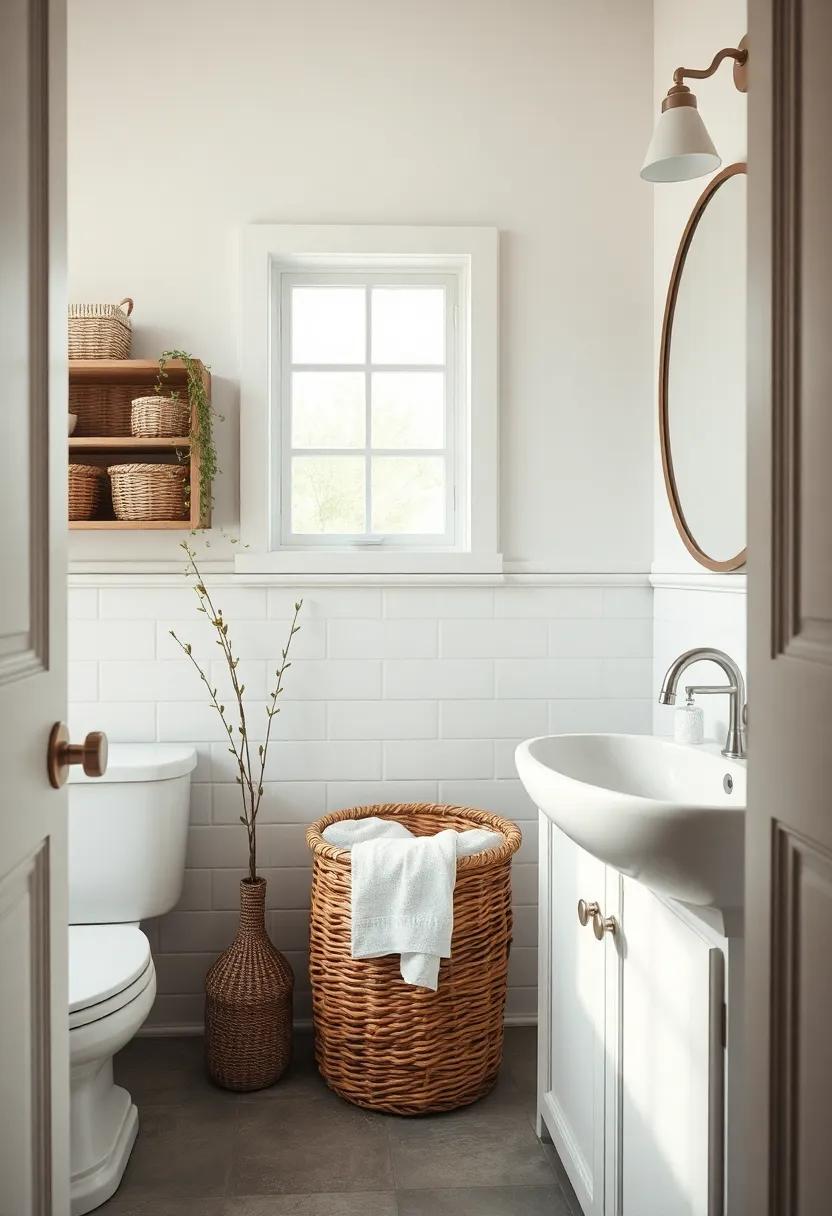 Vintage Laundry Baskets – opt for woven baskets that complement the aesthetic and offer functional storage for‌ towels or clothes
