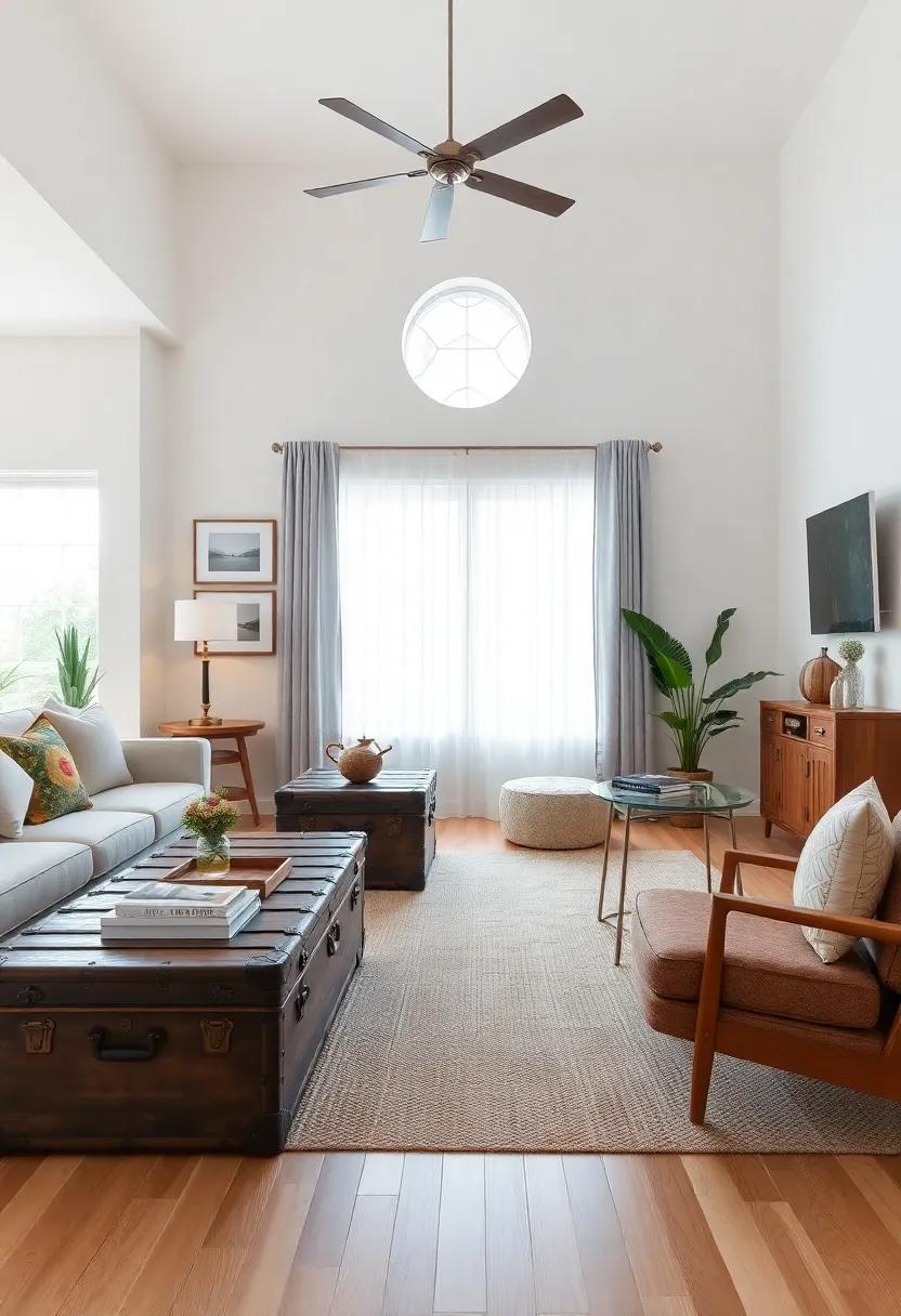 Utilizing Vintage Trunks as Coffee Tables in Clean-Lined Living Areas
