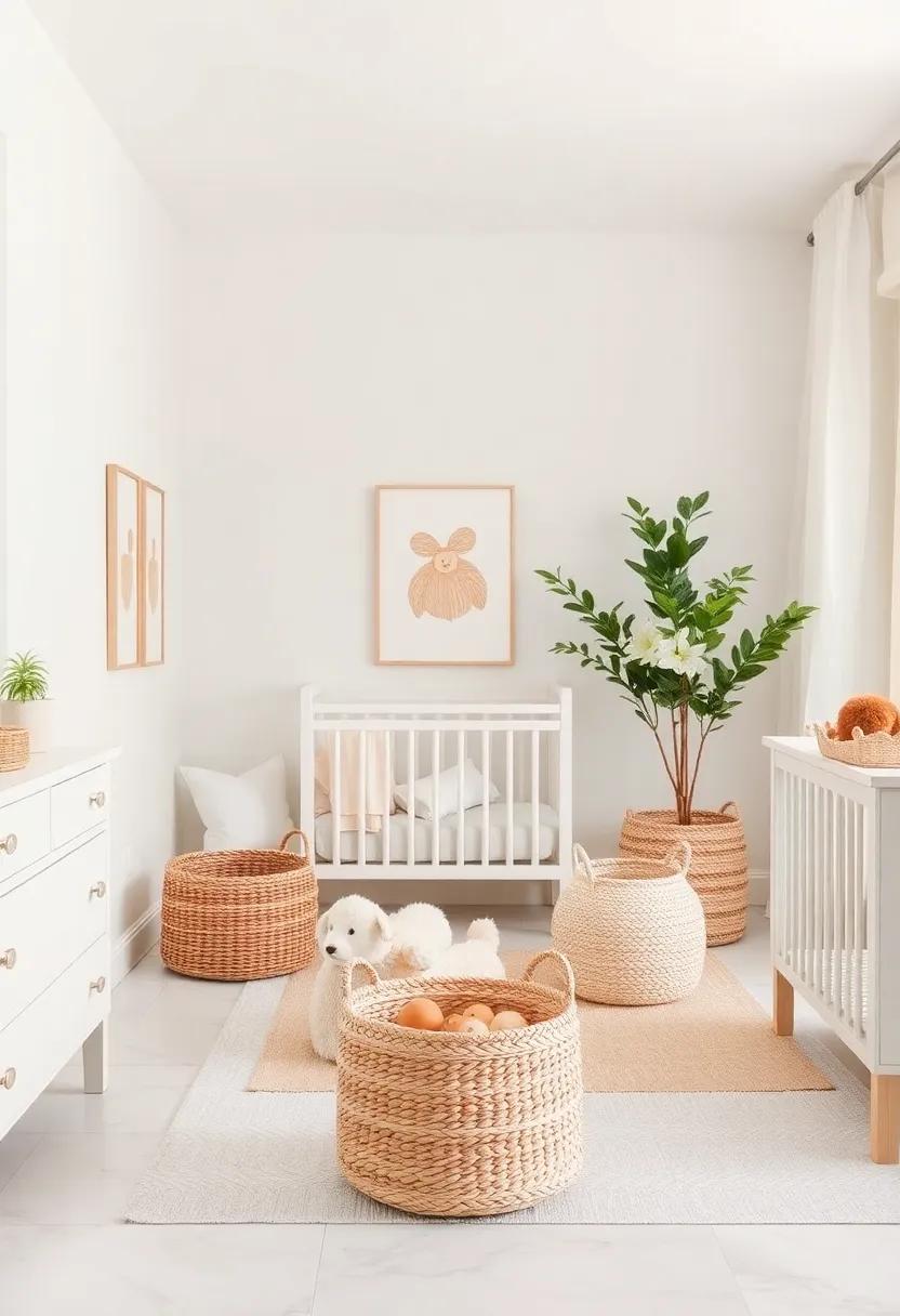 artful⁣ Storage Baskets: Select​ woven baskets in creamy tones for storing toys and blankets, adding practicality while enhancing the overall aesthetic