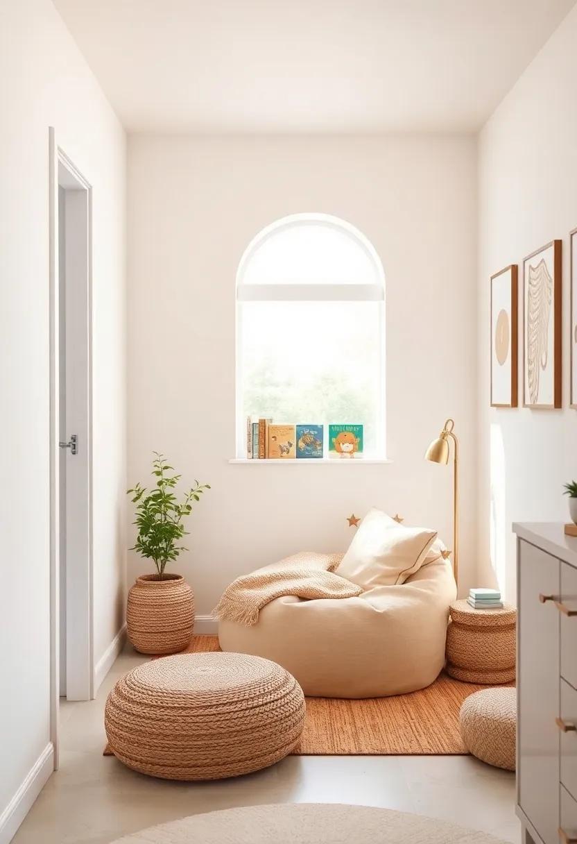Charming Book Nook: Create a reading corner with a soft beige bean bag and a small bookcase showcasing treasured stories in an inviting setting