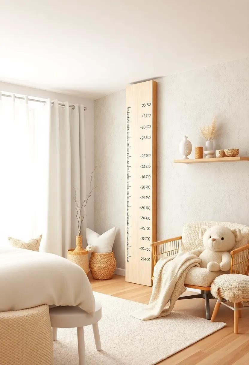 Customized Growth Chart: Design a personalized growth chart in white and‌ beige, providing both a functional piece and a cherished keepsake as your child grows