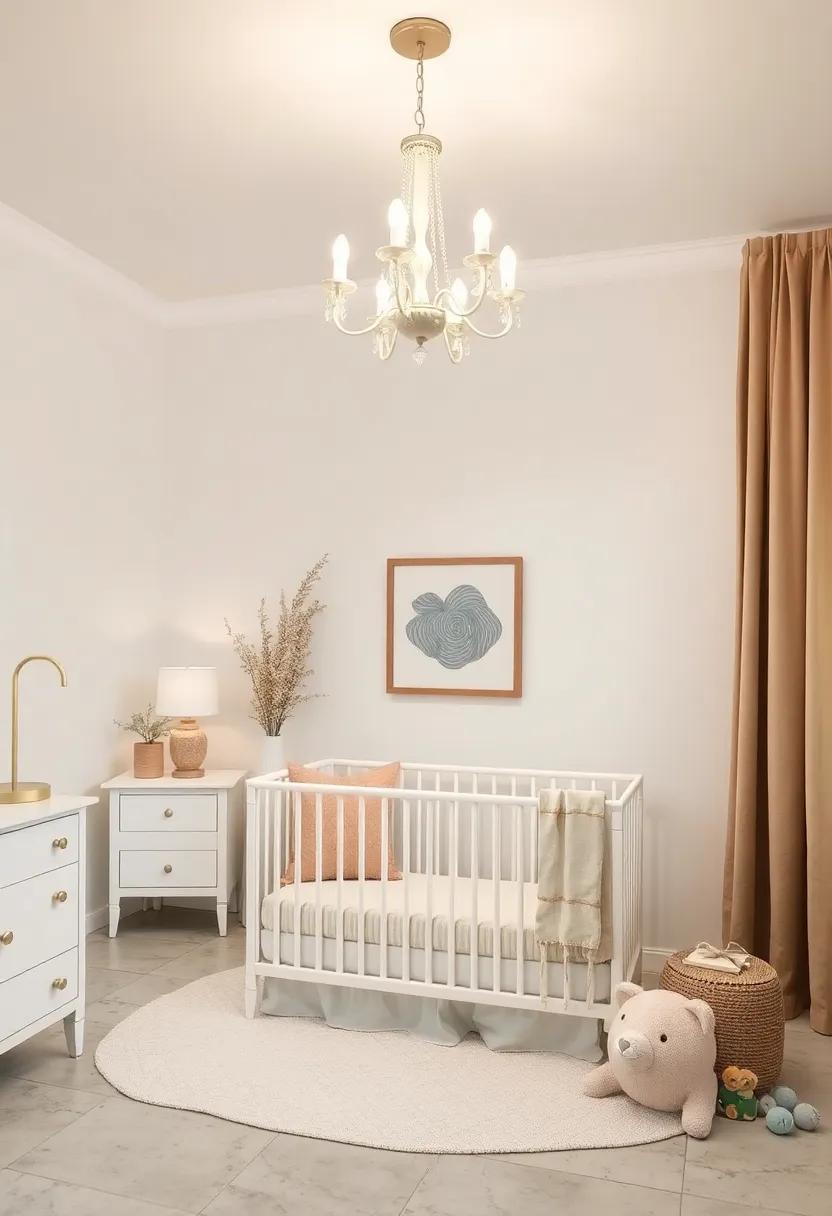 Elegant Chandelier: Choose a statement chandelier that combines elegance and whimsy, casting a warm glow while providing a focal point ‍above ​the crib