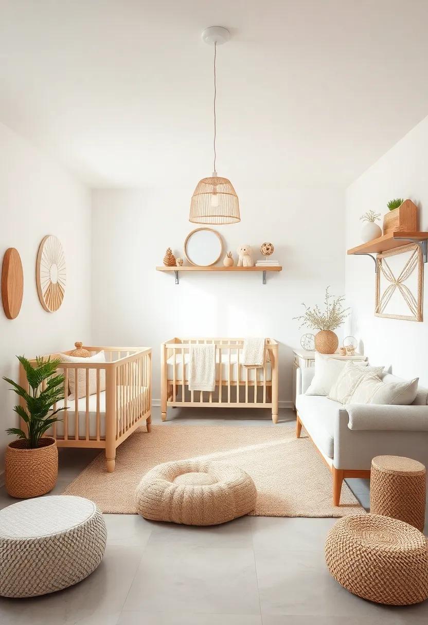 Natural Wood Accents: Bring warmth to the nursery with ‍natural wooden elements, from cribs to shelves, which harmonize beautifully with white and beige hues