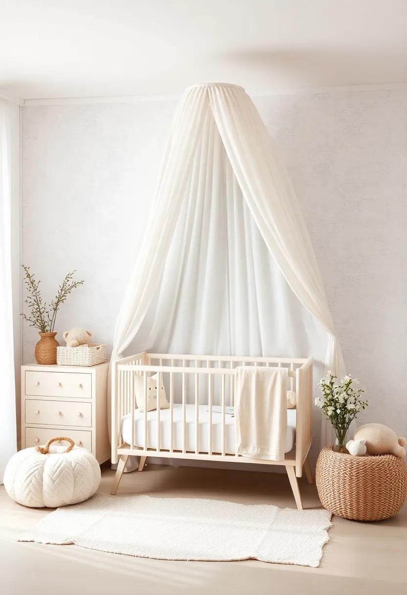 Nursery Canopy: Elevate your styling with a dreamy fabric canopy above ‌the crib or change table,incorporating light shades of white or beige for a magical touch