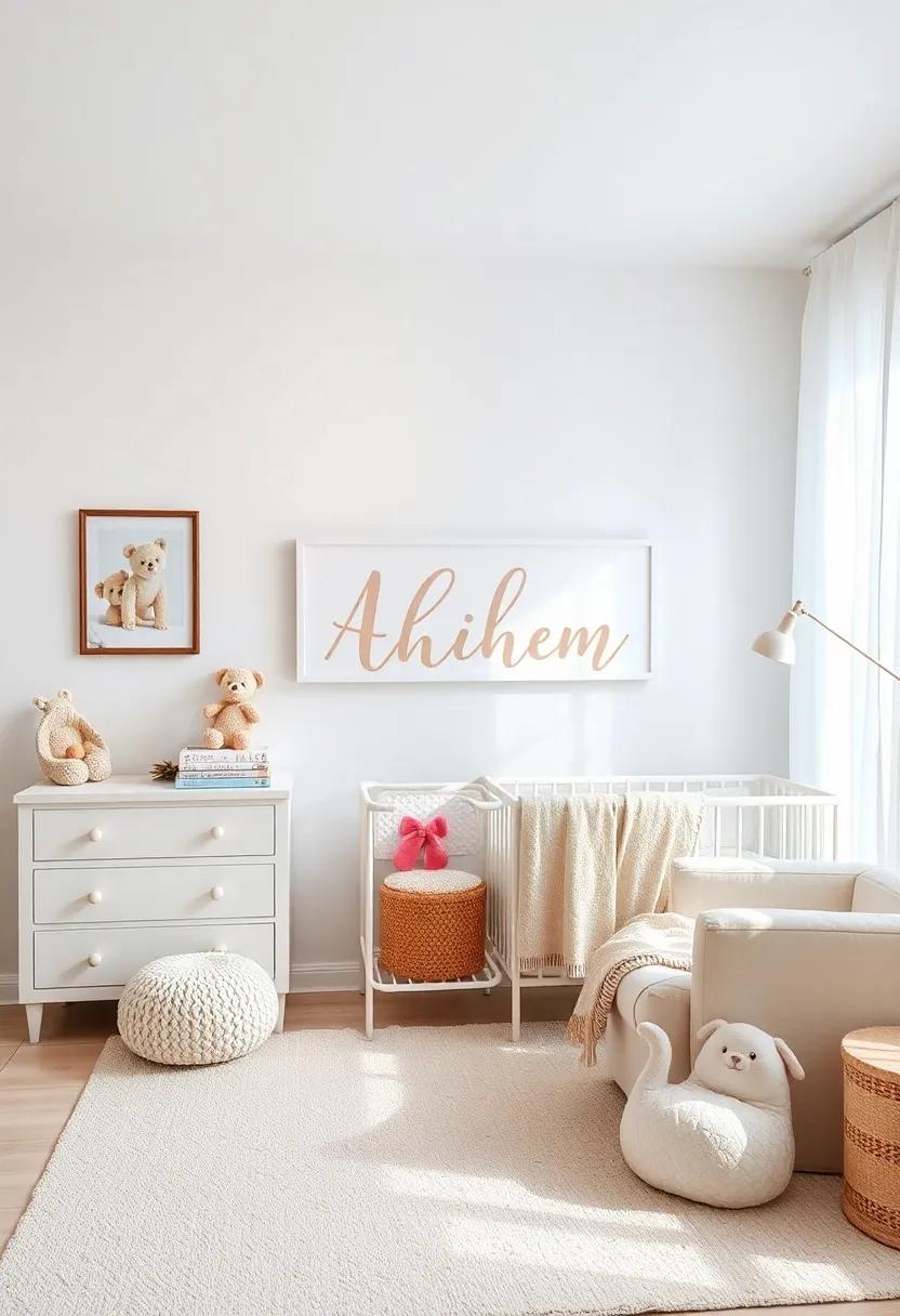 Personalized Name Sign: Craft a tasteful name sign in stylish calligraphy,painted in soft beige or with white accents,showcasing a personal touch in the ‌nursery