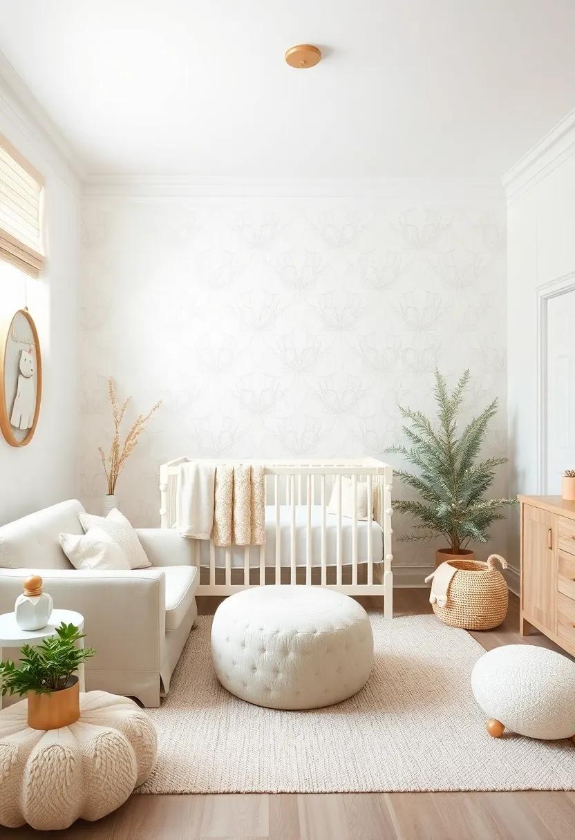 Soft Textured Wallpaper: Embrace elegance with a subtle, textured white wallpaper that adds dimension to the ​nursery without⁤ overwhelming the space