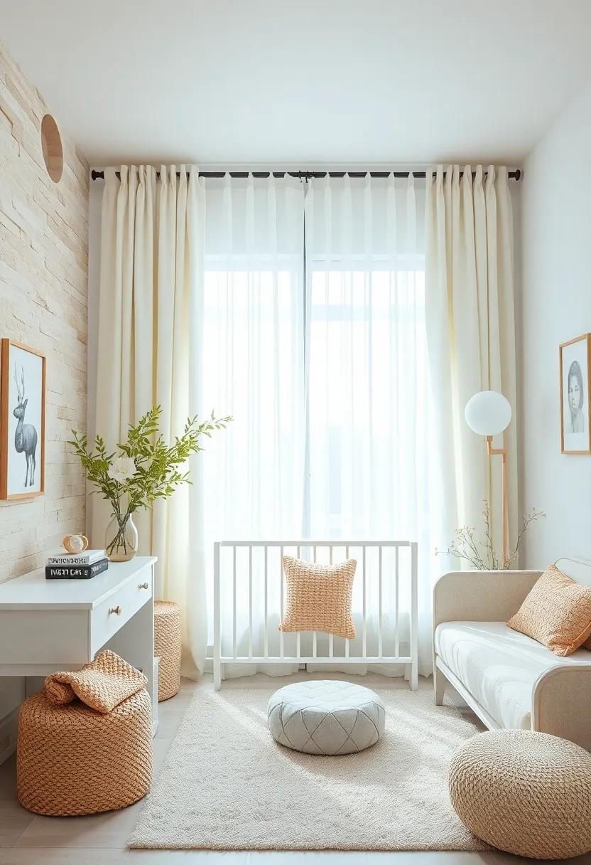 Stylish Curtains: Choose ⁤sheer white curtains ‍paired with beige ⁢under-drapes, allowing light to filter⁣ through while maintaining privacy in the nursery