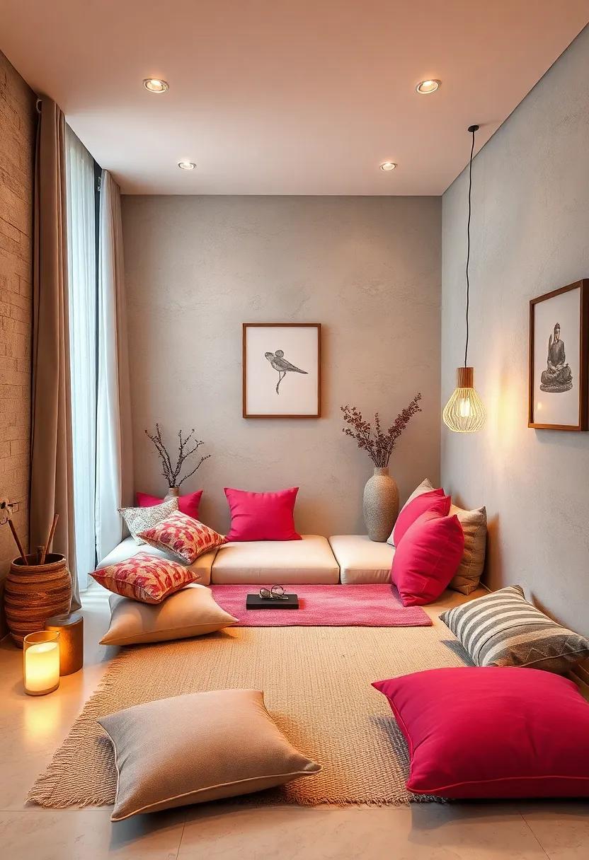 Zen meditation ⁣Corner: Dedicate⁤ a small area with cushions and floor pillows‍ where you can practice mindfulness and⁢ meditation