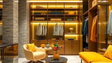 24 Must-Have Features for a Stunning Mustard Yellow and Black Luxury Walk-In Closet