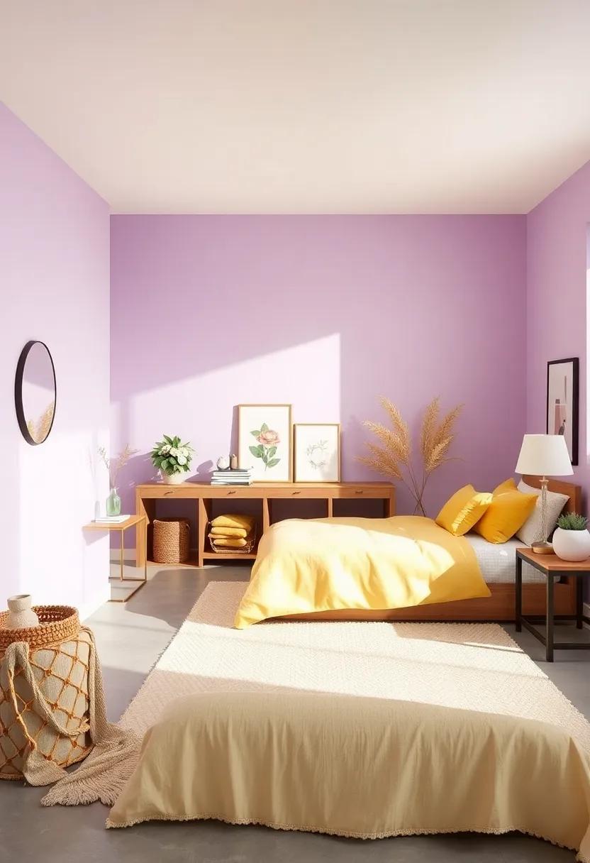 Lilac and Pale Yellow: Brighten your bedroom with a cheerful ‌lilac ⁤base, highlighted by pale yellow accents that evoke a ⁣feeling of sunshine and joy