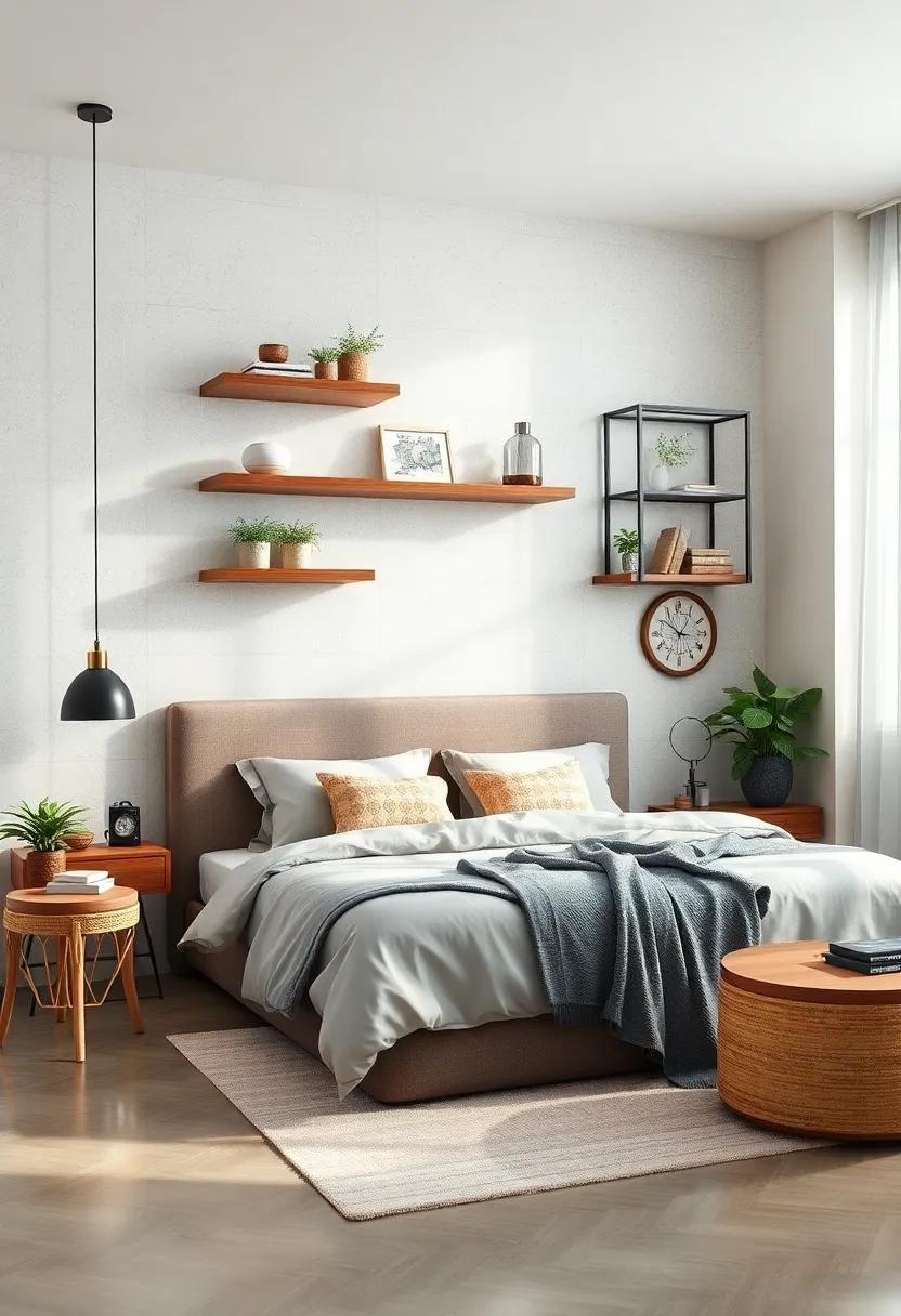 Layering Textures:‌ Combine wood​ and metal ⁣floating shelves⁣ to ‍add visual⁤ interest and depth ‌to your bedroom ⁢decor
