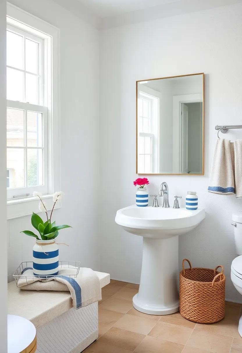 Mason Jar Storage: Use painted ‍mason jars with⁣ striped‍ patterns​ to store cotton balls, swabs, and ⁢other bathroom essentials in style