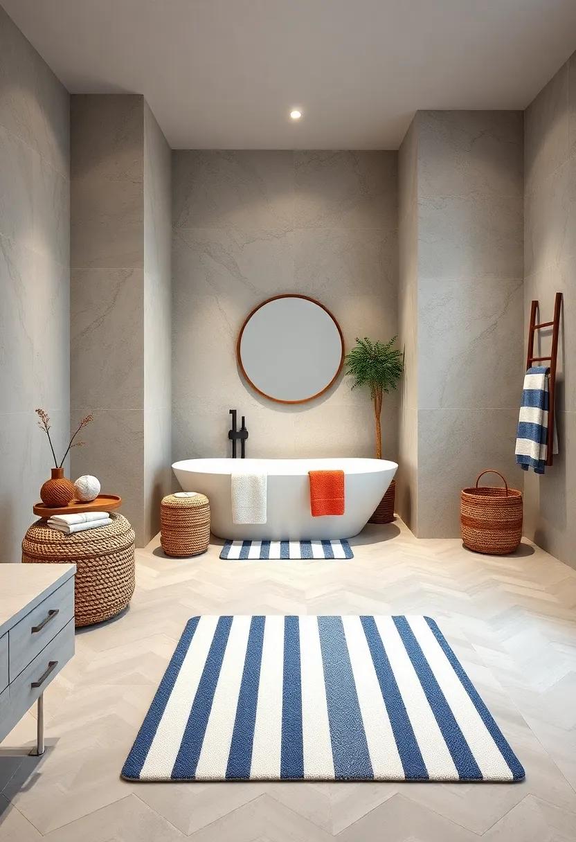 Striped Shower Mat: Invest in a ‌plush ‌striped ⁤shower mat that not ‍only​ offers⁣ comfort but also⁢ ties ​the theme together ‍seamlessly