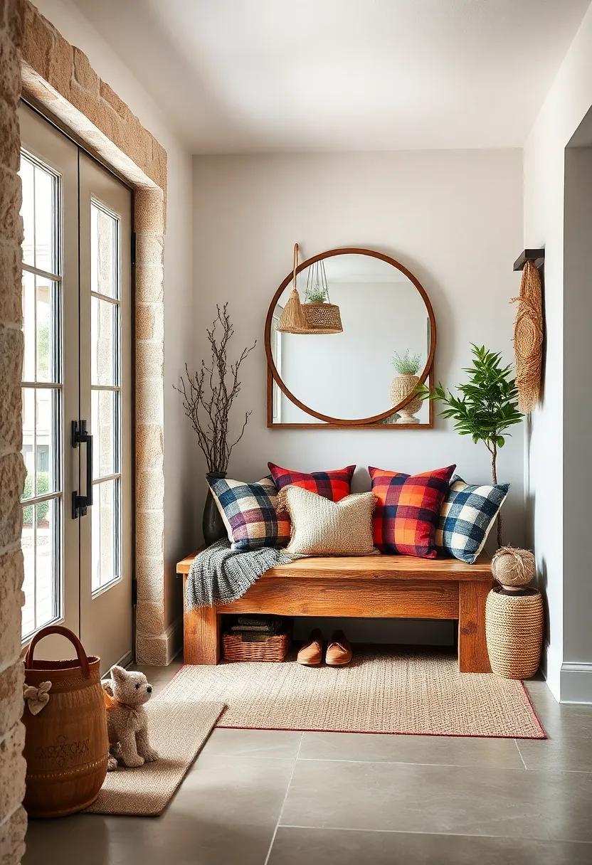 Rustic Wooden Bench: create a cozy spot to sit and remove shoes, using a reclaimed wooden bench adorned with plaid cushions and natural fibers