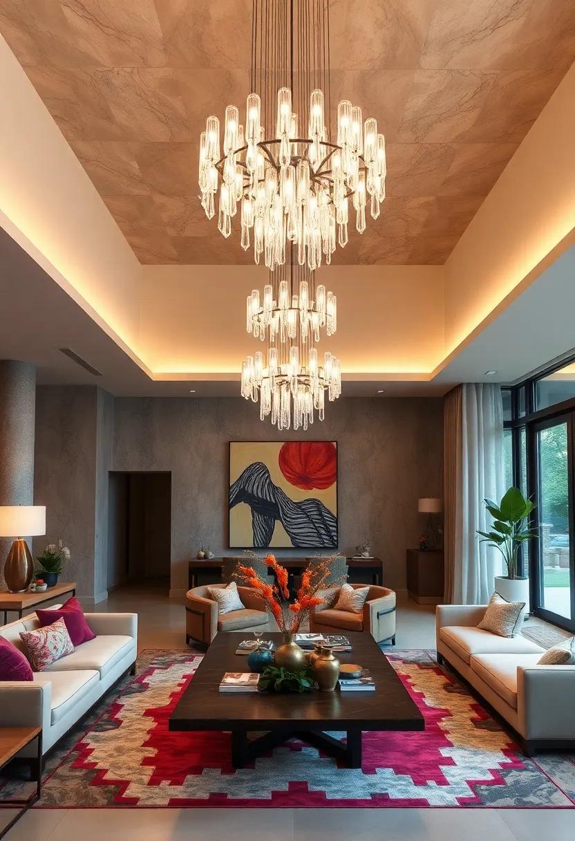 Oversized statement chandeliers: Go bold with a grand chandelier that commands attention, serving as a show-stopping centerpiece in large spaces