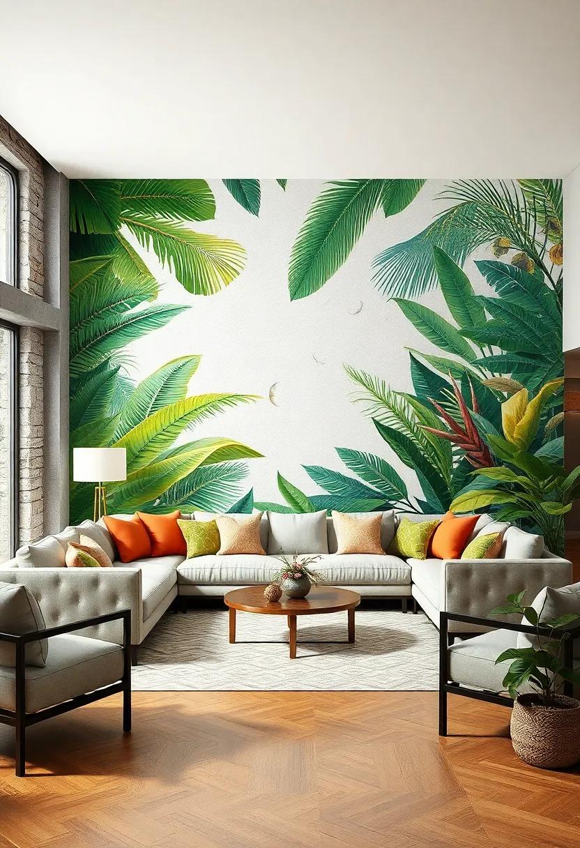 Lush Tropical Jungle: ​Immerse your⁢ living room in a vibrant‍ paradise‌ with mural ⁣wallpaper featuring oversized palm leaves and exotic flora, creating ‌an inviting, nature-inspired ​retreat