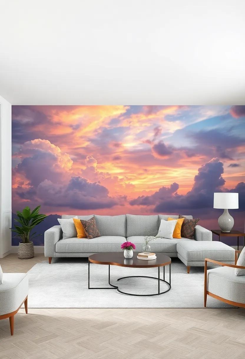 Dreamy​ Skyscapes: Elevate your living room with⁢ mural wallpaper​ illustrating beautiful skyscapes, from soft cloudy⁣ vistas to ‌dazzling sunsets, adding depth and​ space to your room