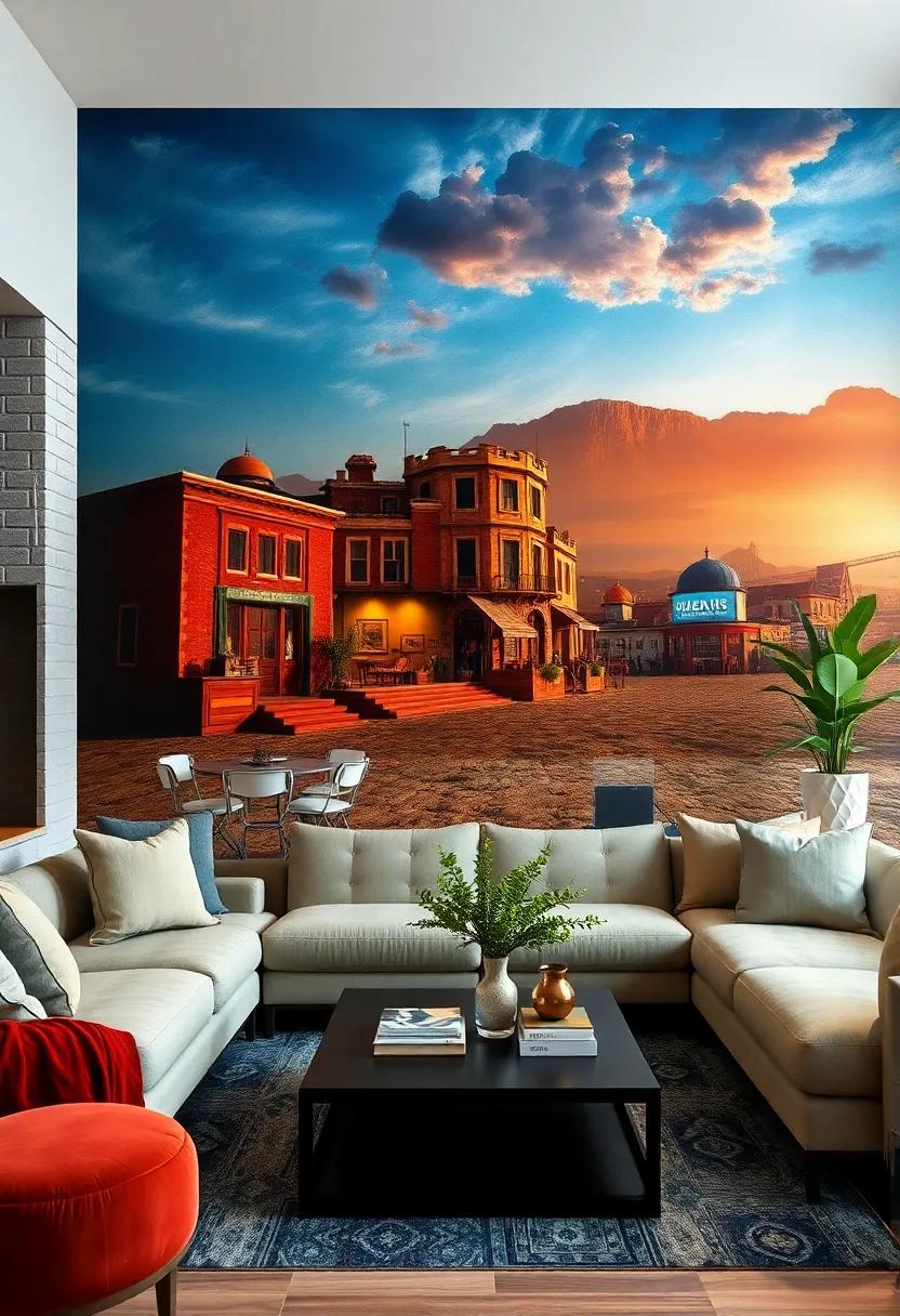 Iconic ⁢Movie Scenes: Celebrate ⁣cinema​ with ‌mural ‌designs that ​pay homage to⁣ classic films ​and ‍their iconic moments, creating ‍a‌ unique and nostalgic​ atmosphere in your living room