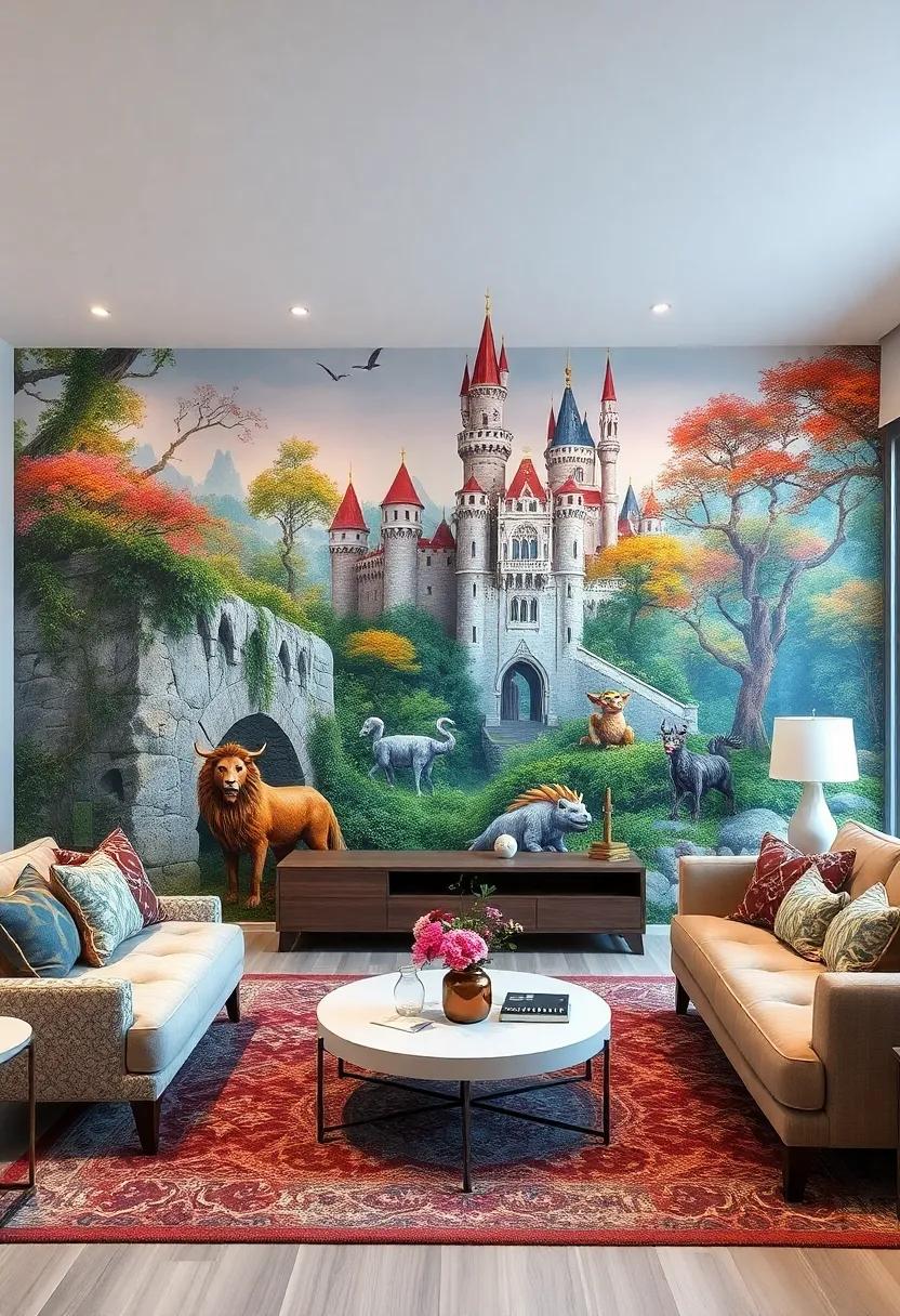 Whimsical Fairy Tale:‌ Transform your ⁣living room ‍into⁣ a storybook setting with ‌charming murals of​ castles, forests, ‍and mythical ⁢creatures, perfect ​for creating ⁣a ‌playful ambiance