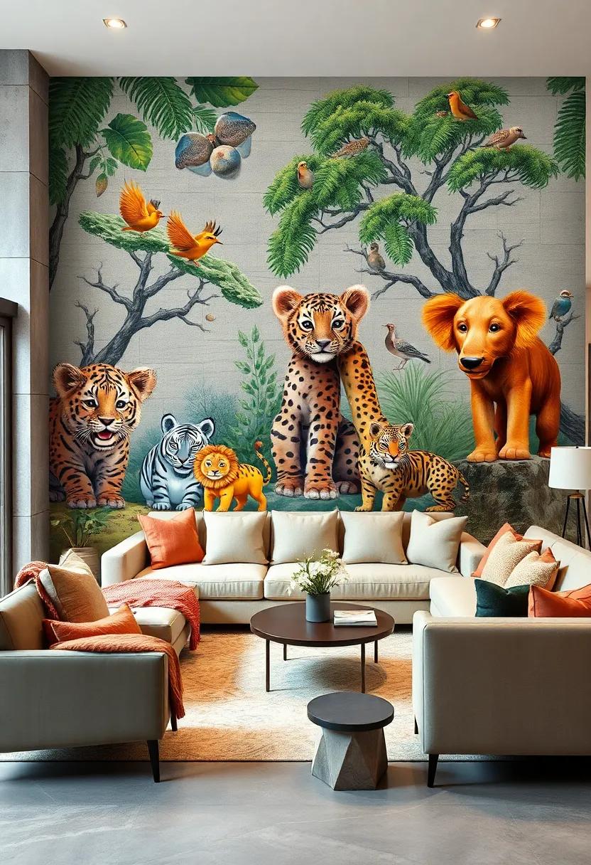 Adorable ⁣Animal‌ Kingdom: Add a ⁣playful touch to⁤ your living room with mural ⁣wallpaper showcasing ‌cute ‌animals ⁢in their​ natural habitats, perfect for families and ⁢animal lovers‌ alike
