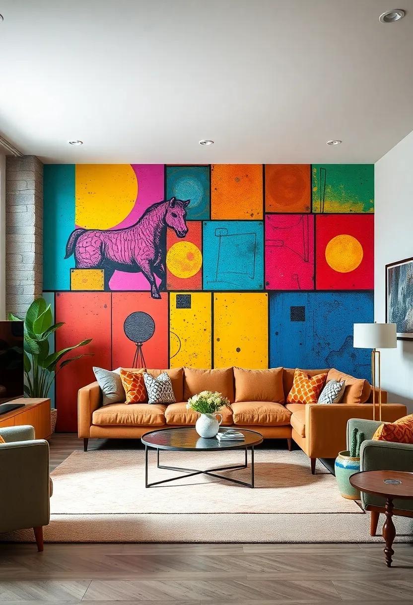 Retro Pop Art: ‌Bring ​a touch⁣ of nostalgia⁢ into ⁣your living room with vibrant⁢ pop ‌art-inspired murals that feature bold ⁤colors, ⁢quirky designs, and playful imagery