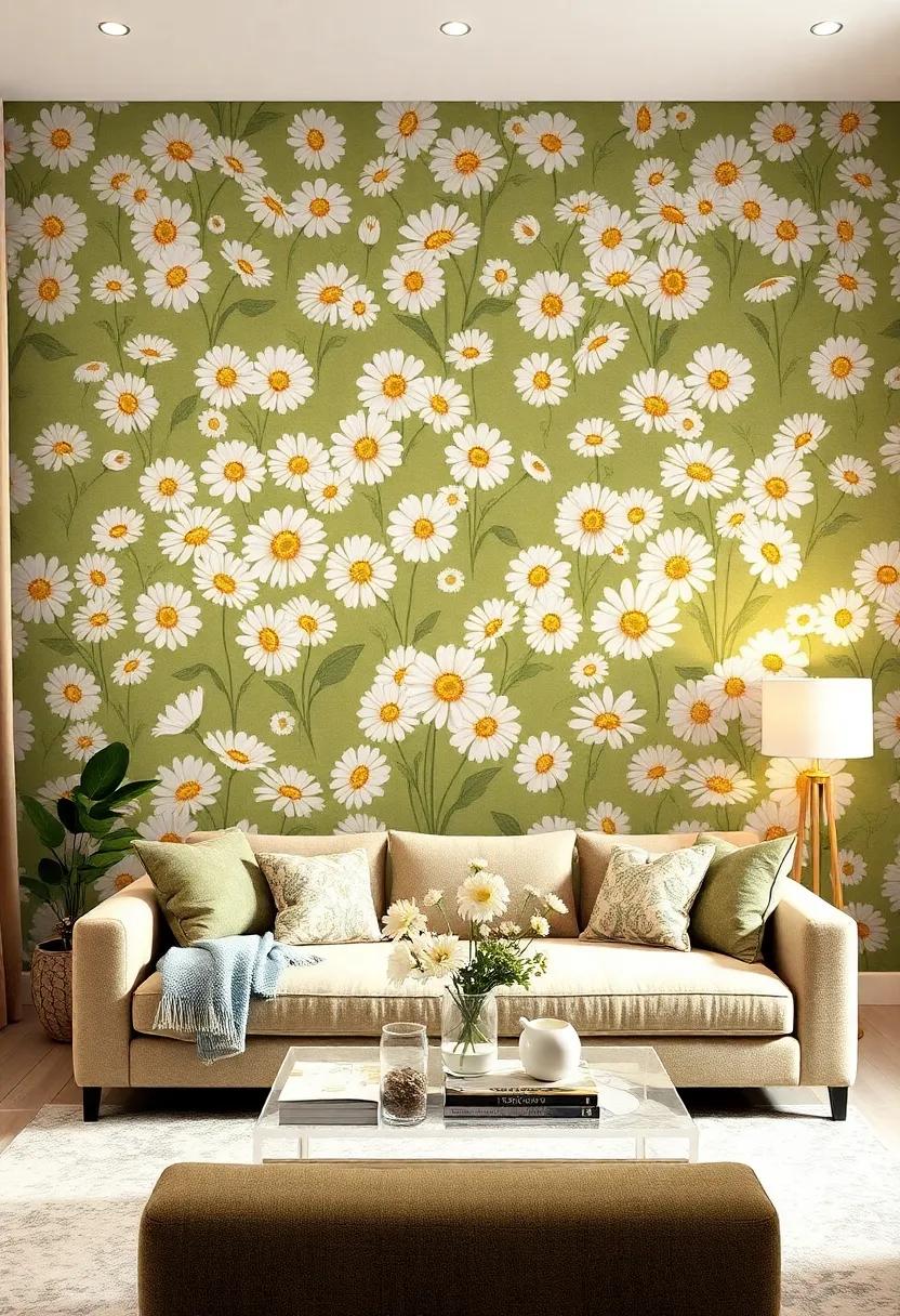 Serene⁢ Daisy Delight: Brighten your space with cheerful ⁤white ⁤daisies set against⁣ a soft green background, creating a pastoral charm⁤ that uplifts any living‍ room