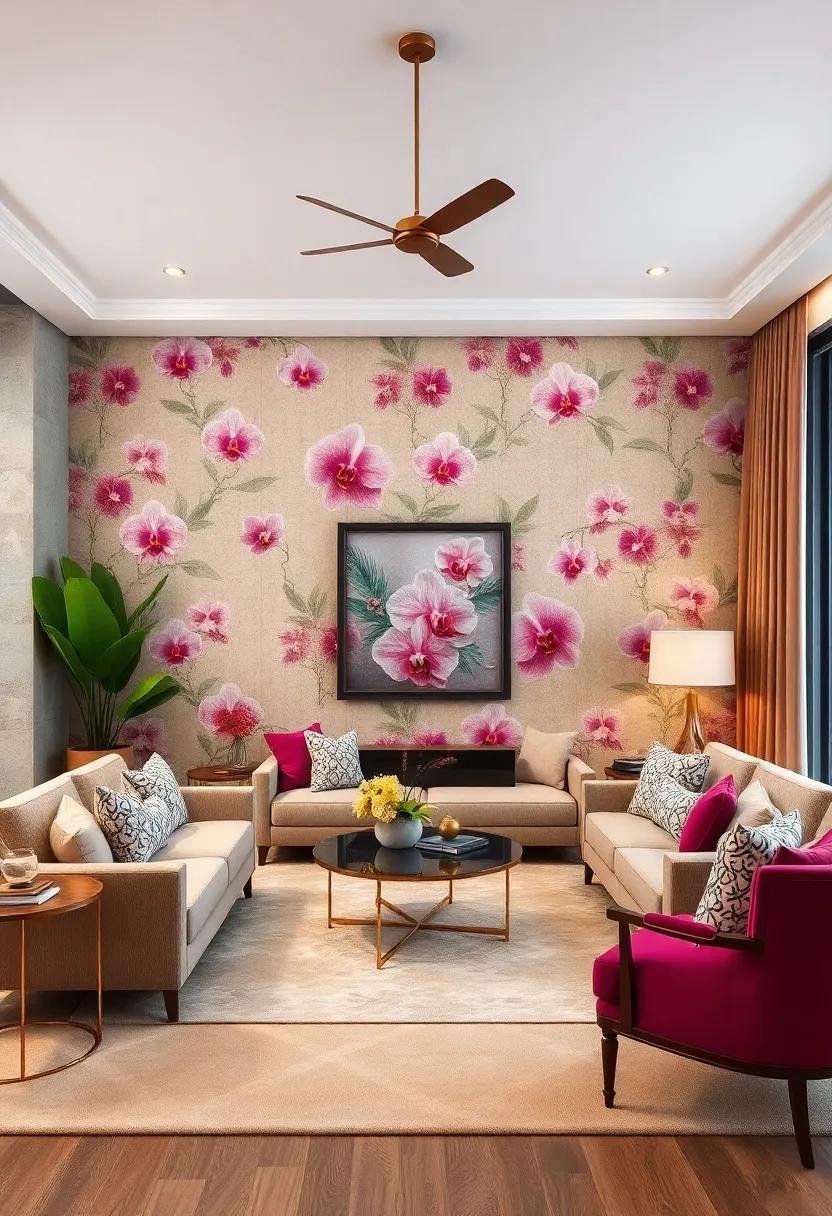Exotic Orchid Oasis:​ Transform ⁢your living room into an exotic escape⁣ with intricate orchid patterns that exude luxury and sophistication