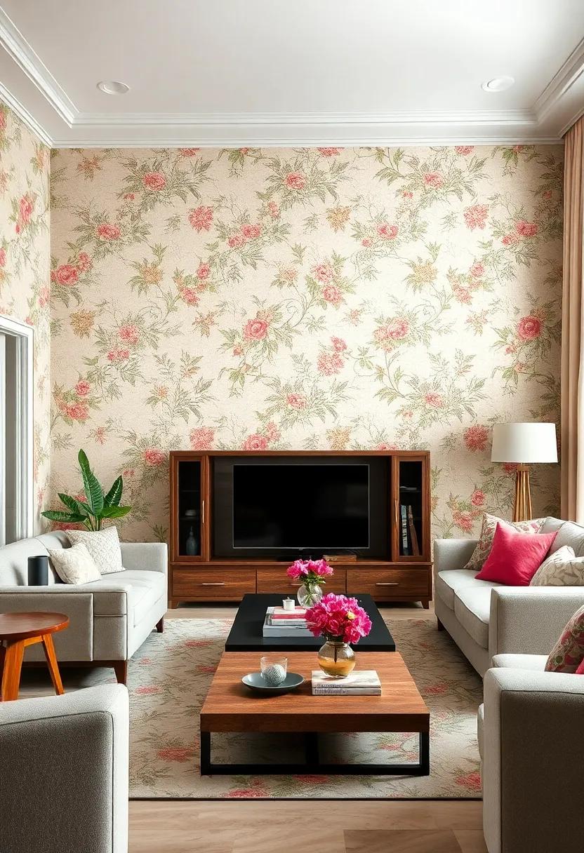 Classic Toile Revival: Step back in time with a vintage toile design featuring quaint floral scenes, ‍adding depth ⁢and character to your living​ room