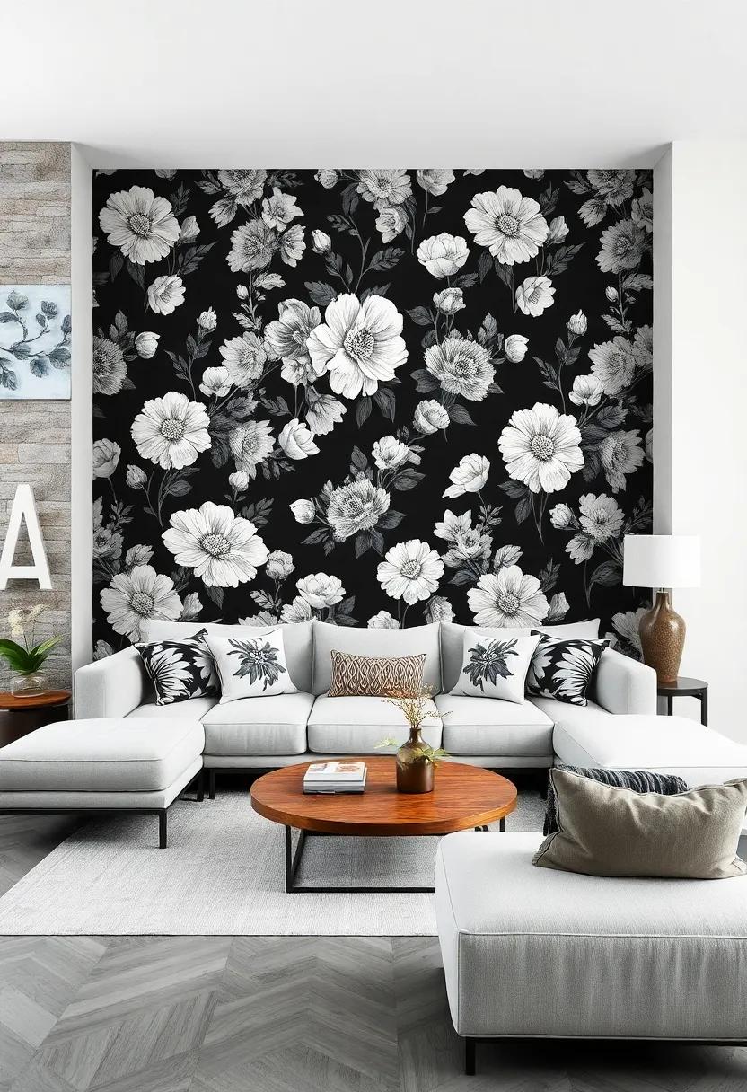Chic Monochrome Blooms: Opt⁢ for a ​monochromatic ⁢floral wallpaper that exudes elegance and sophistication, providing a⁣ modern twist to classic designs perfect for any⁢ living⁤ room