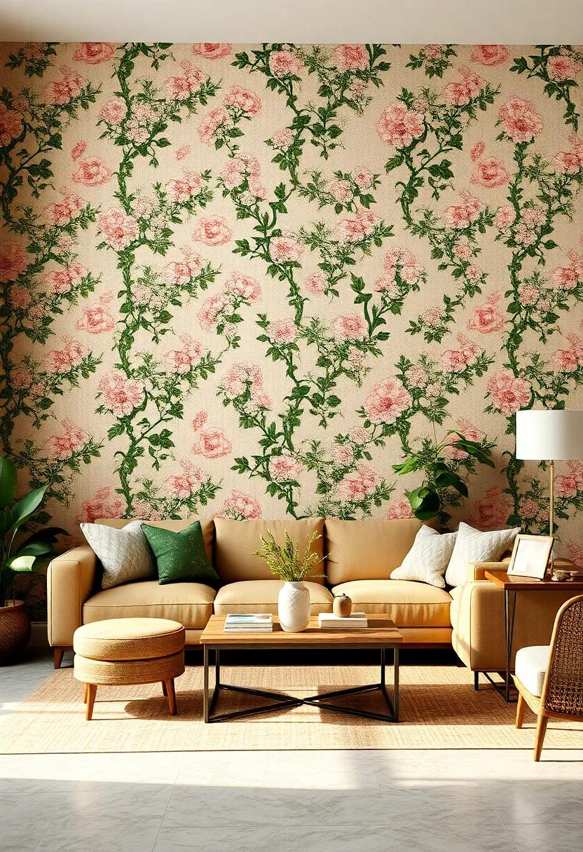 Garden Trellis‌ Wonder: Create a charming ​outdoor feel indoors‌ with a trellis pattern intertwined‍ with climbing flowers, evoking thoughts of a serene garden