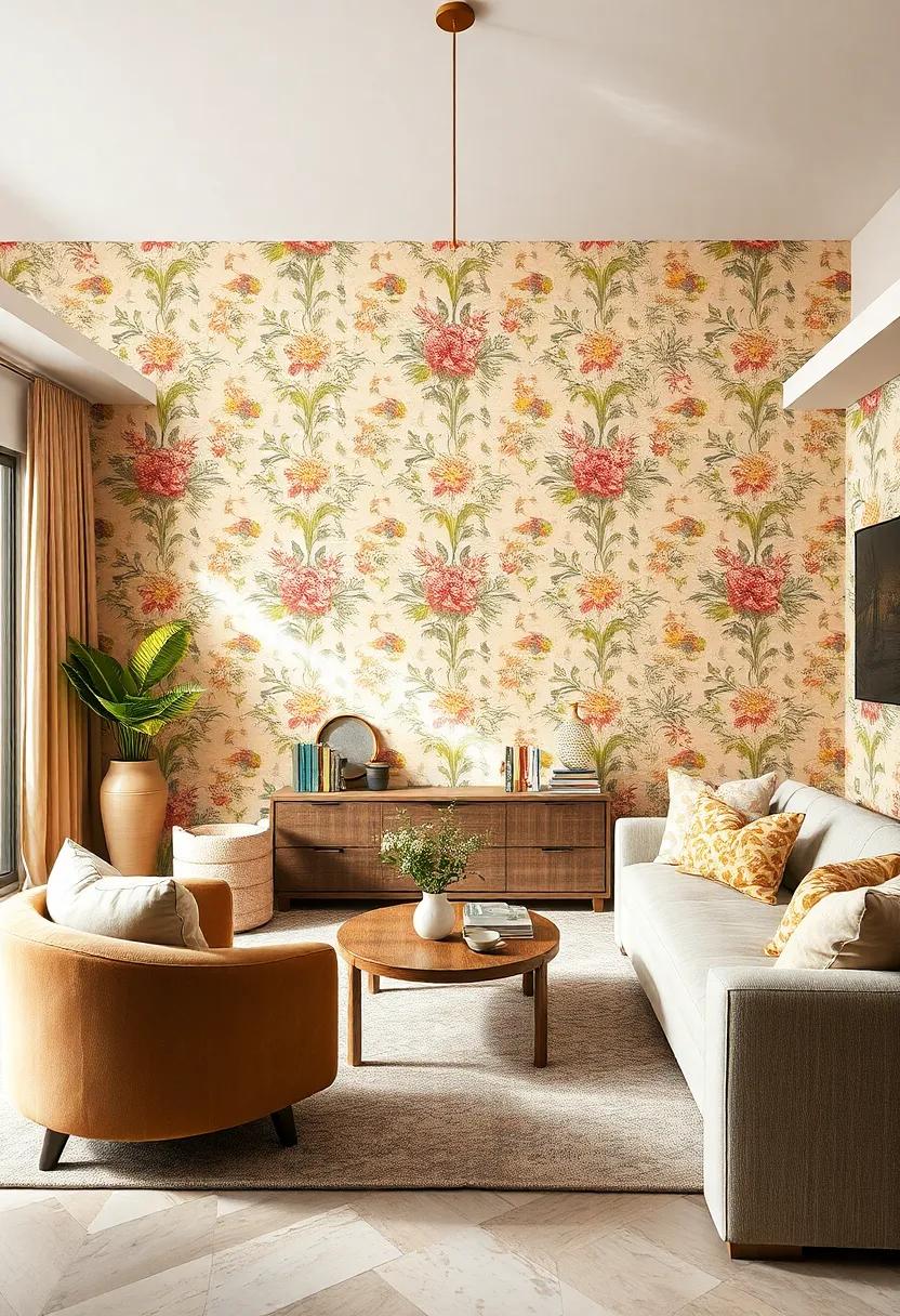 Vintage Chintz ⁤Charm: Transport your living room to a bygone ‌era with ⁣a chintz pattern featuring intricate floral motifs in⁢ warm, inviting colors