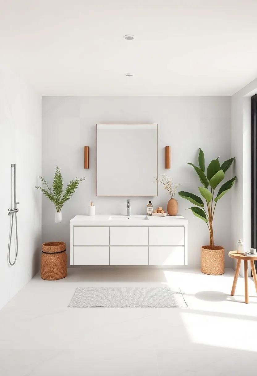 Choose a Minimalist Vanity: Select a sleek, modern vanity ⁤with clean lines and‌ a white ⁢finish⁢ for a ‌polished⁢ look that​ supports ​the overall aesthetic