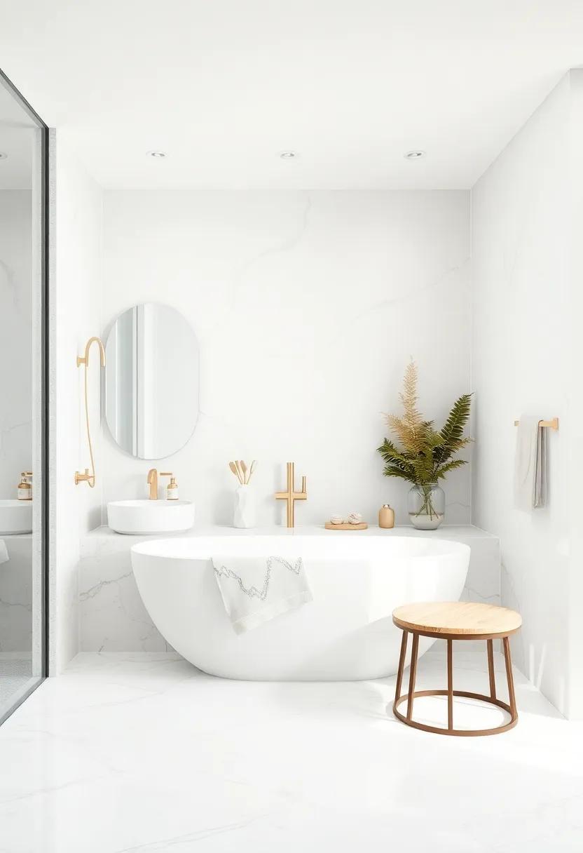 Select Elegant​ Fixtures: Opt​ for polished⁢ chrome ⁣or brushed gold faucets and showerheads that add a touch of sophistication against the white backdrop