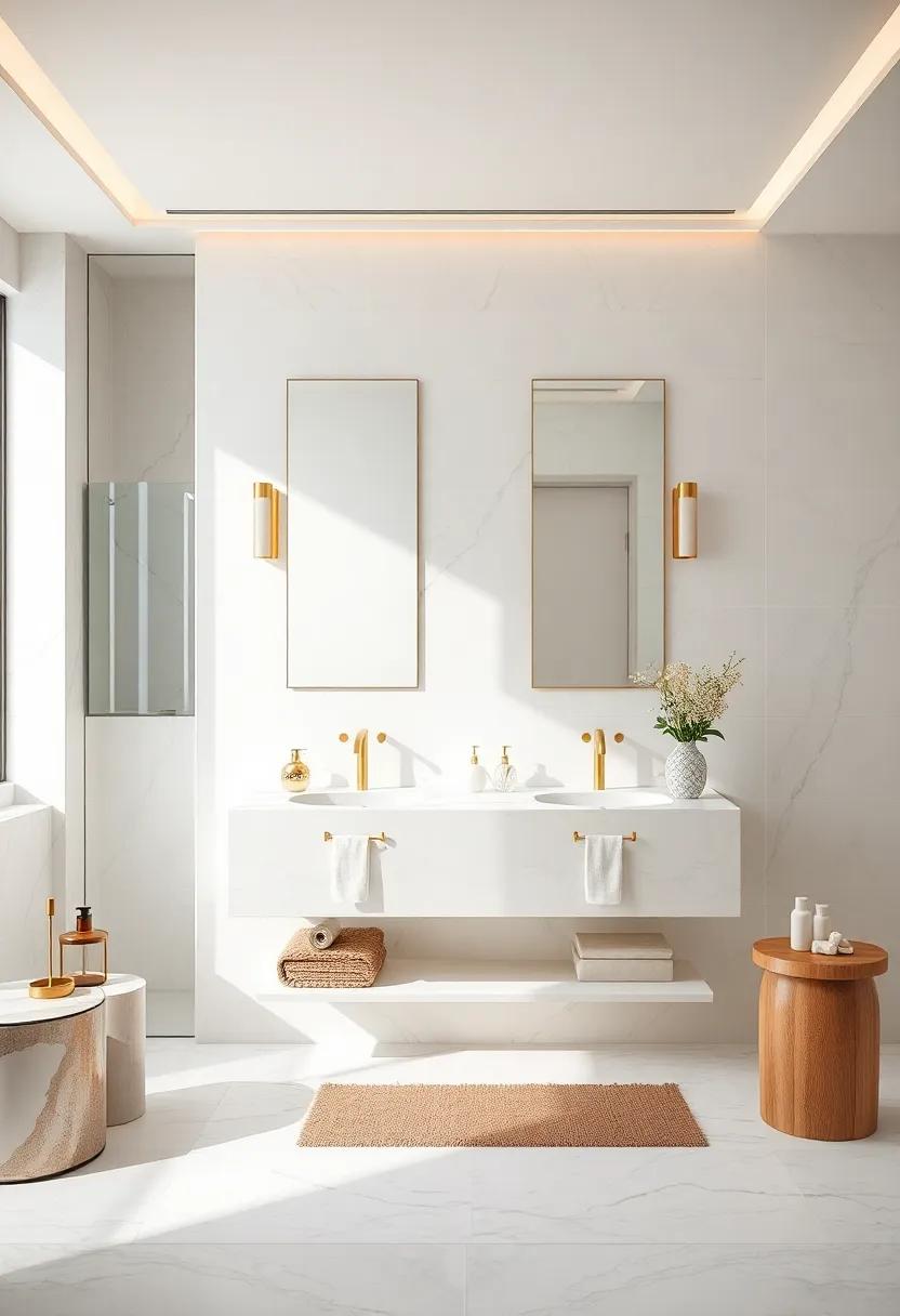Embrace ⁤minimalism with a sleek ​white ⁤marble vanity topped with brass fixtures​ for an⁢ understated elegance