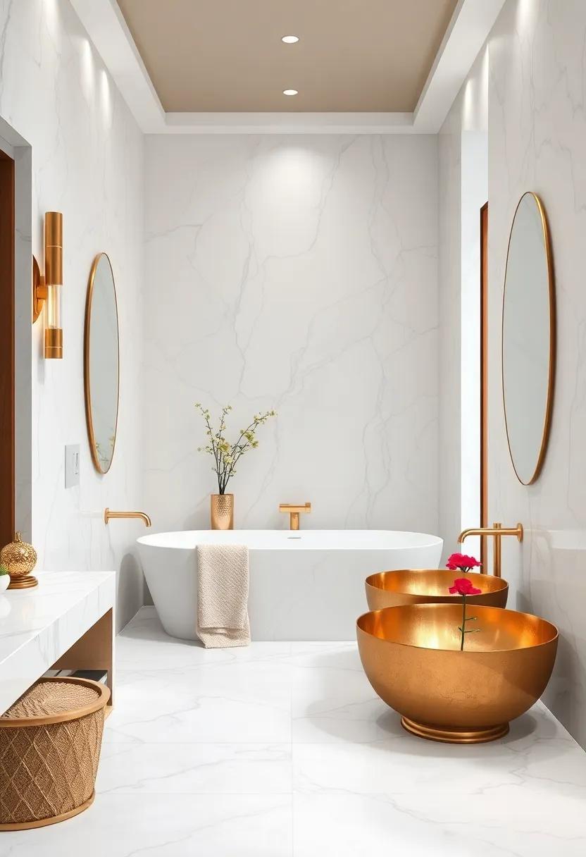 Utilize large brass bowls for decorative accents or to hold bath‍ essentials, effortlessly marrying ​form and function