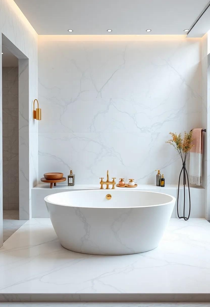 Install a freestanding​ tub surrounded‌ by white marble ⁢slabs, ‌accented with brass⁤ tub‍ fillers ‍for a contemporary spa vibe